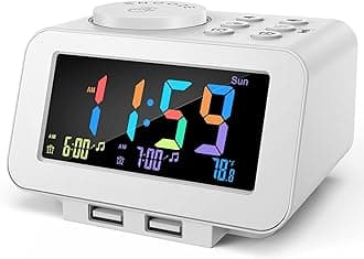 uscce Digital Colorful Alarm Clock Radio - 0-100% Dimmer, Dual Alarm with Weekday/Weekend Mode, 6 Sounds Adjustable Volume, FM Radio w/Sleep Timer, 2 USB Charging Ports, Thermometer, Battery Backup