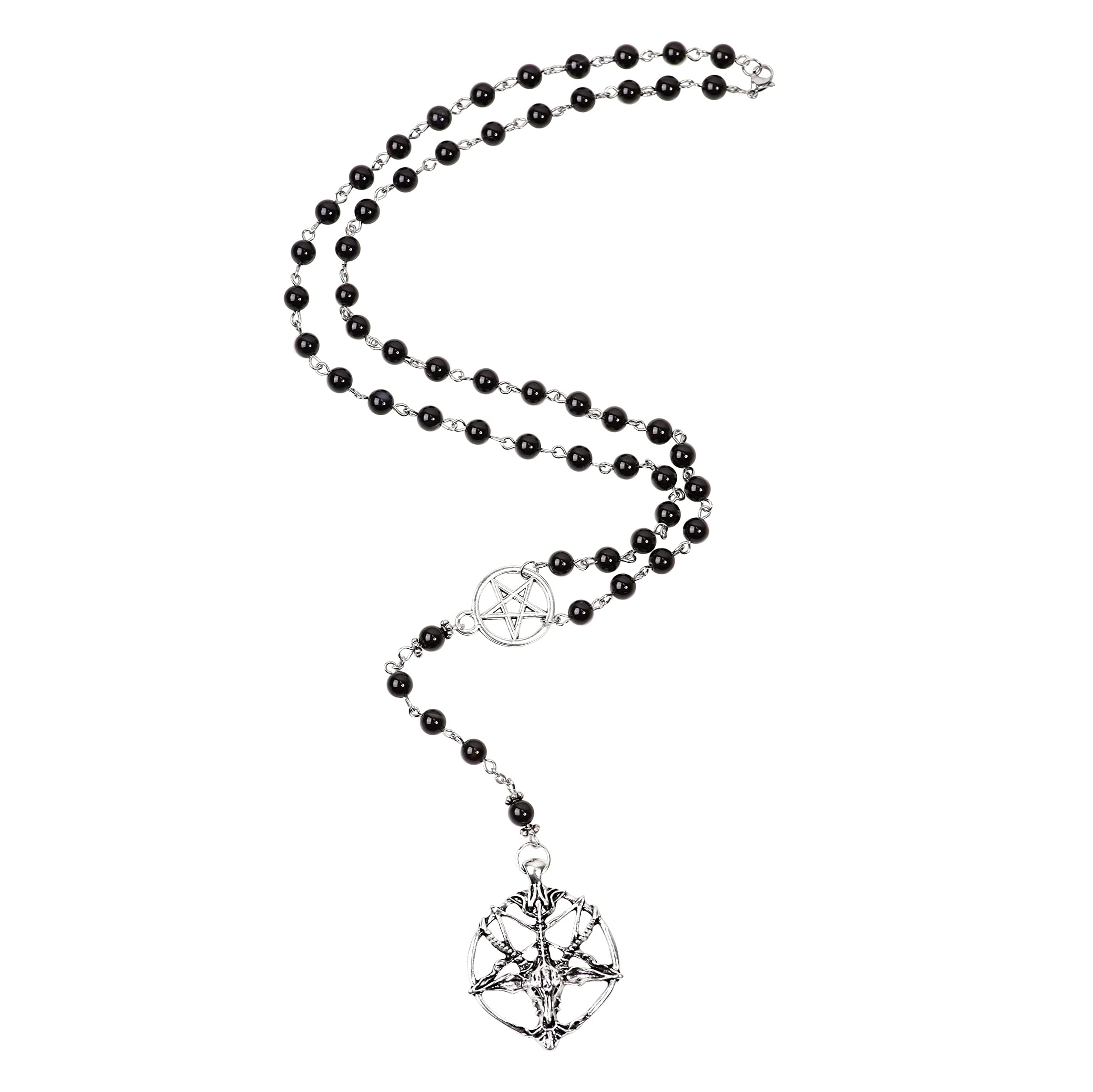 Gothic Long Bead Rosary Baphomet Pentagram Necklace, Gothic Emo Grunge Necklace, Goth Jewelry, Halloween Christmas Jewelry Gift For Women, Men