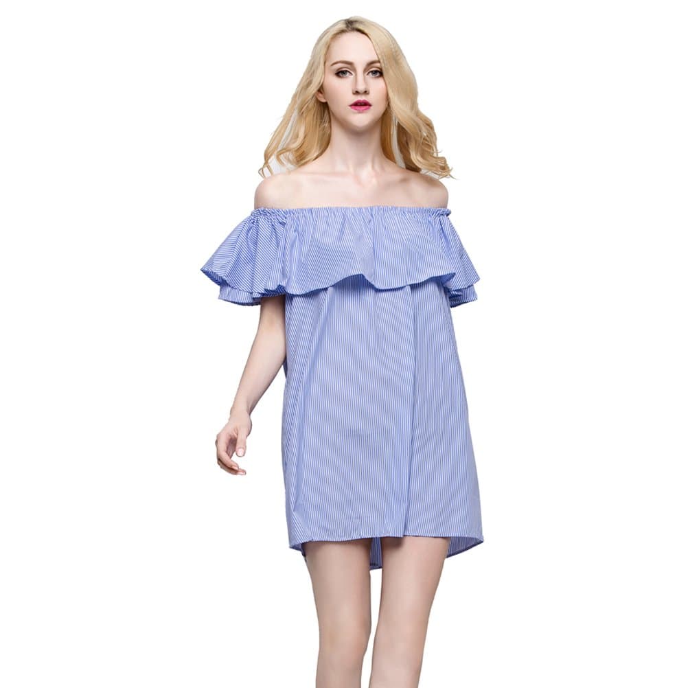 Glorria Women's Summer White Blue Striped Off Shoulder Ruffled Supper Mini Dress L