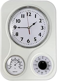 Lily's Home - 9.5 Inch x 12.5 Inch - Retro Kitchen Wall Clock, Vintage Wall Clock with a Thermometer and 60-Minute Timer, Ideal for Any Kitchen, Office, or Diner (White)