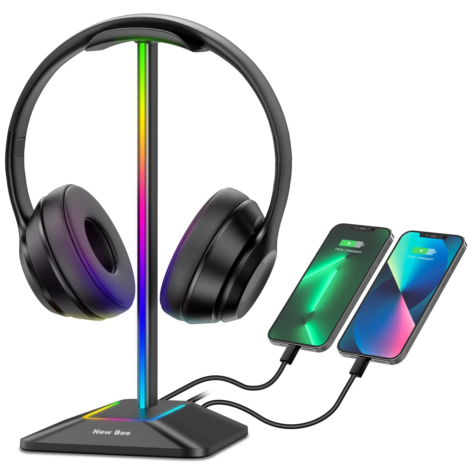 Headphone Stand RGB Headset Holder with 1 USB-C Charging Port and 1 USB Charging Port, Headset Stand Gaming with 7 Light Modes Suitable for All Earphone Accessories (black-1)