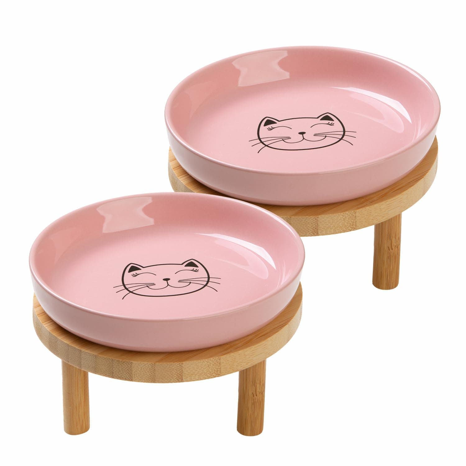 Shallow Elevated Cat Bowls,5.9 Inch Wide Raised Ceramic Cat Dishes with Bamboo Stand, Whisker Friendly Pet Water or Food Plates Feeding Station for Indoor Cats, Kitten(Pink,Set of 2)