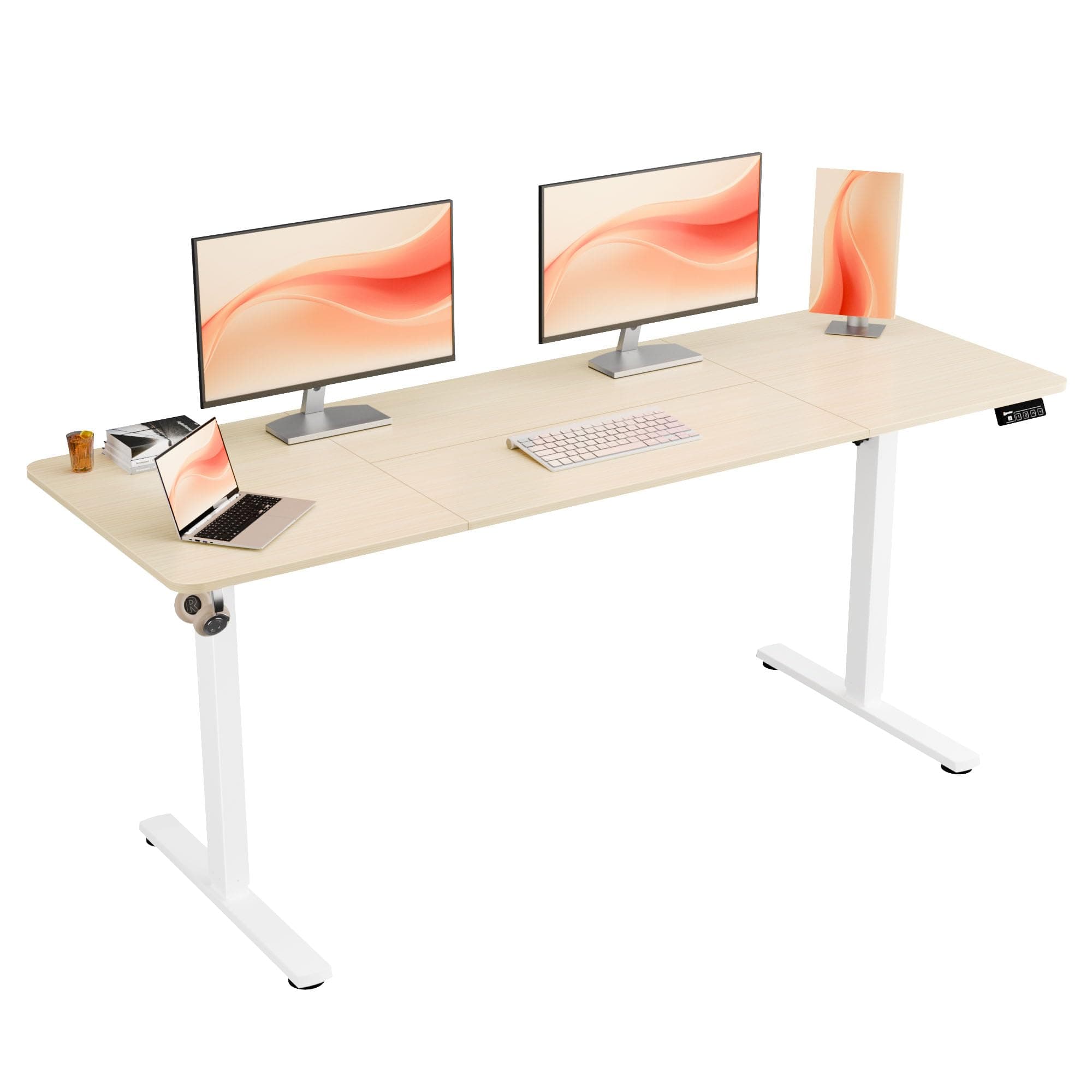 Electric Standing Desk, 67" x 23.6" Height Adjustable Sit Stand Desk with Splice Board for Home Office, Computer Desk Memory Preset (White Frame, Gold Oak Desktop)