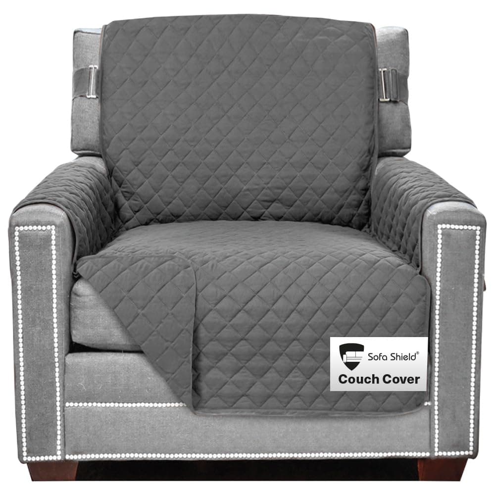 Sofa Shield Patented Chair Slip Cover, Large Cushion Protector, Reversible Stain and Dog Tear Resistant Slipcover, Quilted Microfiber 23” Seat, Washable Covers for Dogs Pets Kids, Charcoal