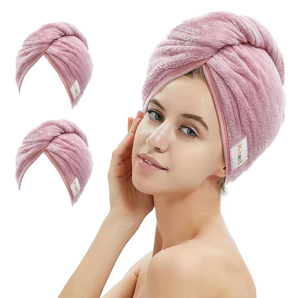 2 Pack Microfiber Hair Towel Wrap,Hair Drying Towel with Button, Hair Towel Turban,Head Towel to Dry Hair Quickly (Bean Pink)