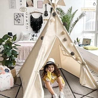 Teepee Tent for Kids-Portable Children Play Tent Indoor Outdoor (Beige Without Mat)