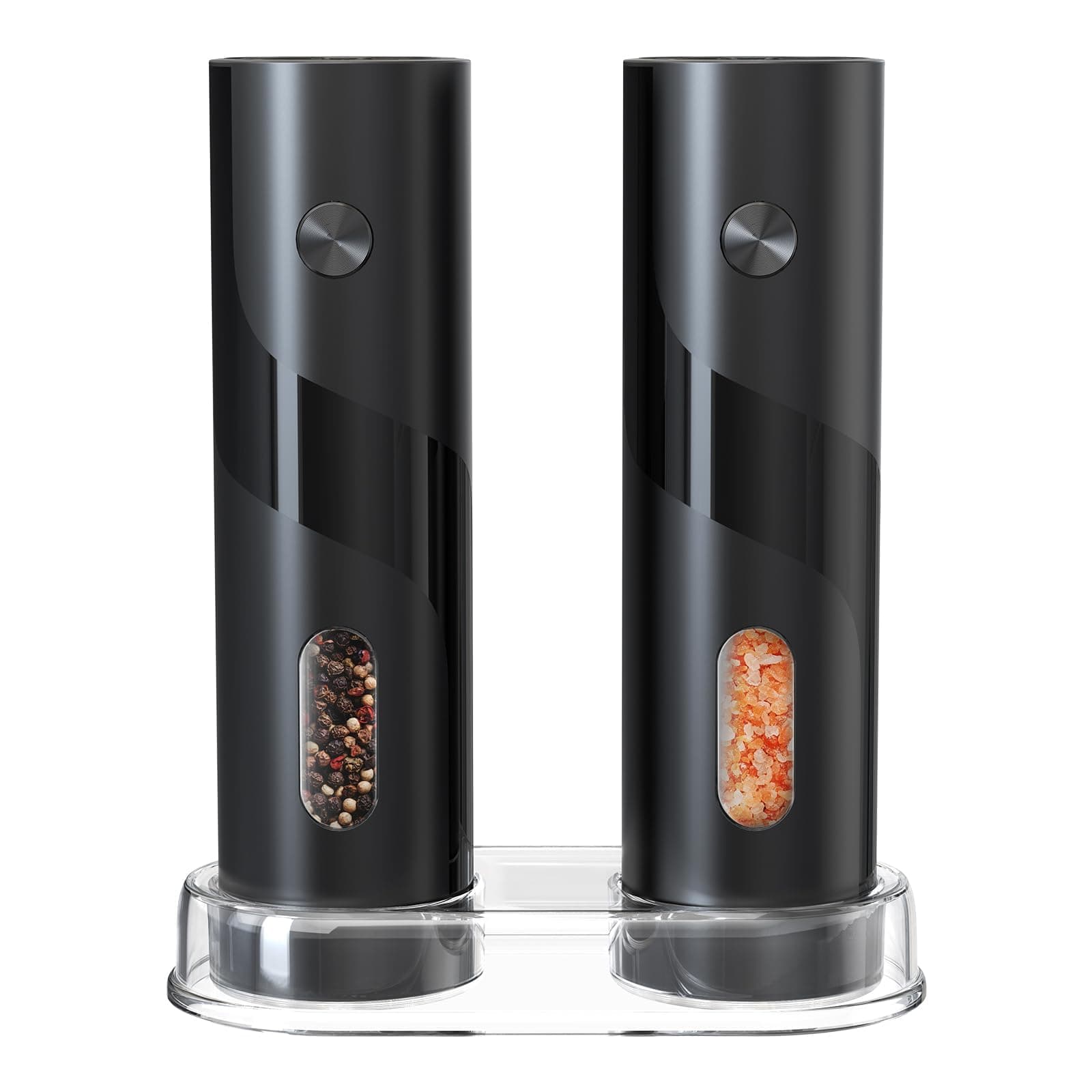 CIRCLE JOY Electric Salt and Pepper Grinder Set Top-Refill Battery Operated Salt and Pepper Mill Grinders with Storage Base, Adjustable Coarseness, 120ml Capacity and White LED Light, Black