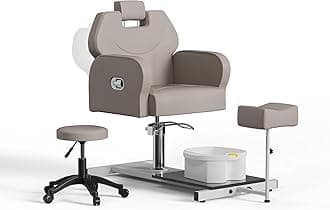 No Plumbing Pedicure Chair with Rolling Salon Stool, Reclining Pedicure Station with Heavy Duty Hydraulic, Massage Foot Bath,Footrest for Nail Tech, Grey