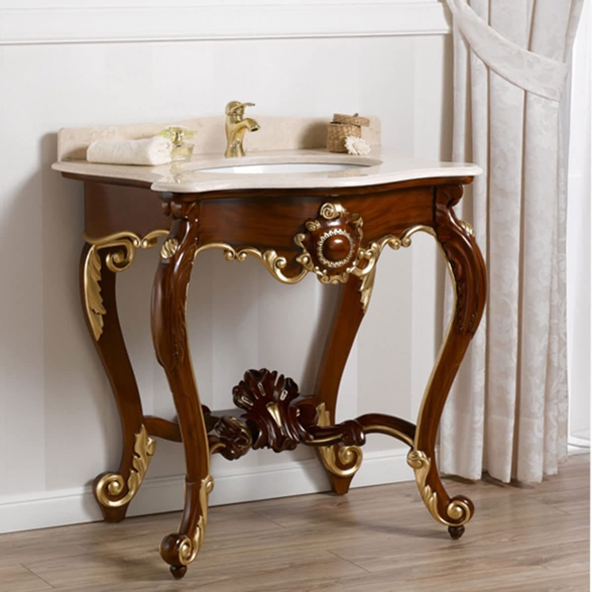 Simone Guarracino Luxury Design Bathroom vanity cm 85 console Luigi Filippo Baroque English style walnut and gold leaf marble cream