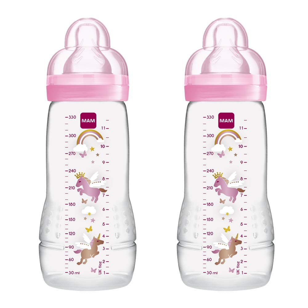 MAM Easy Active Baby Bottle with Fast Flow MAM Teats Size 3, Twin Pack of Baby Bottles, Baby Feeding, 330 ml, Colour: Pink (Designs May Vary)