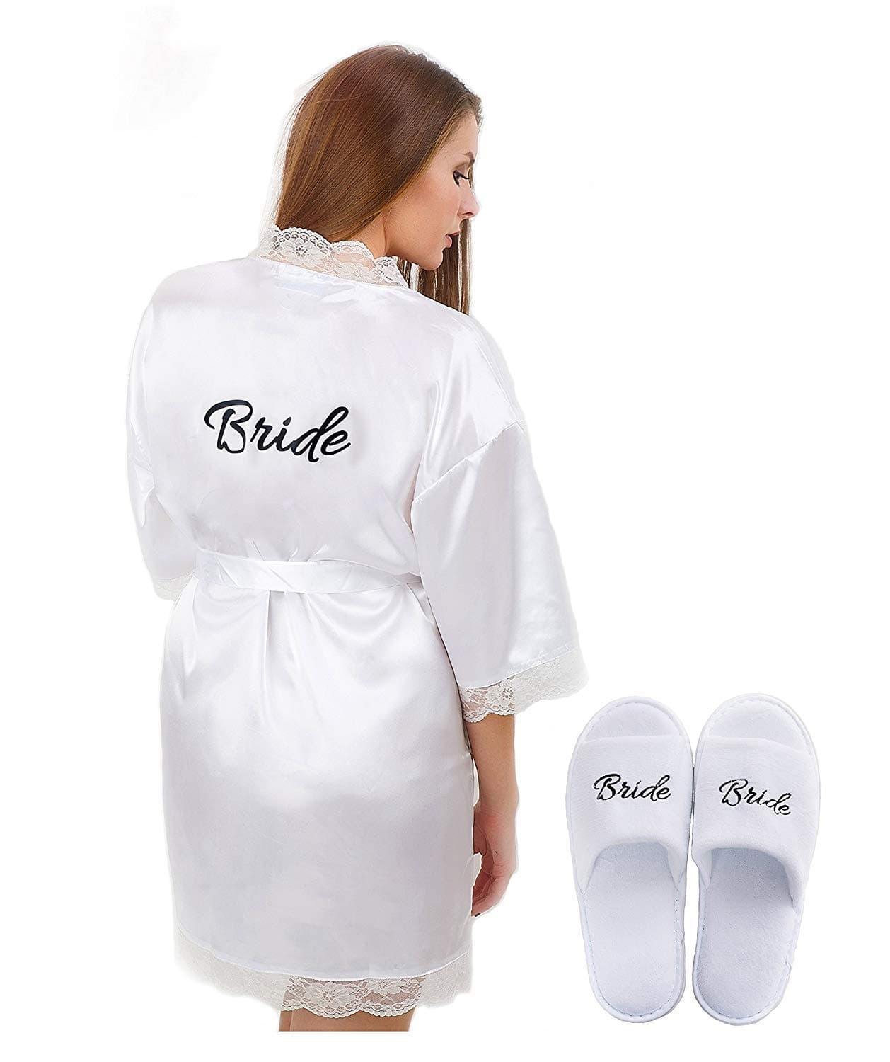 Womens Wedding Bridal White Robe with 'Bride' Print on Back and FREE Slippers