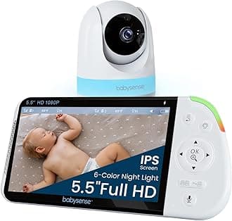 Babysense Full HD 5.5" Split Screen Baby Monitor with Camera and Audio, 6-Color Night Light, White Noise, Sound & Light Machine, 20-Hour Battery, Hack-Proof Non-WiFi Secure Connection