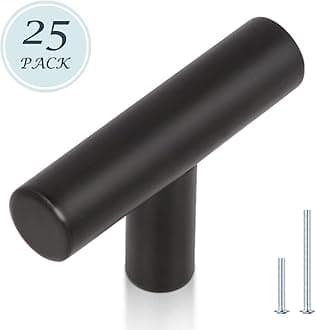 KNOBWELL 25 Pack Black Knobs for Cabinet, T-Shape Single Hole 2 inch (50mm) Matte Black Cabinet Handles and Dresser Drawer Knobs
