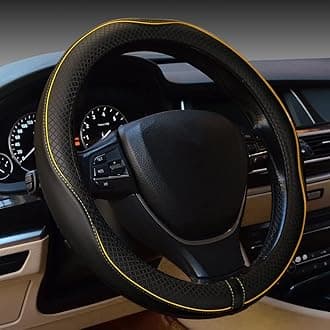 Gomass Car Steering Wheel Cover, Anti-Slip, Safety, Soft, Breathable, Heavy Duty, Thick, Full Surround, Sports Style (Black with Yellow Line)