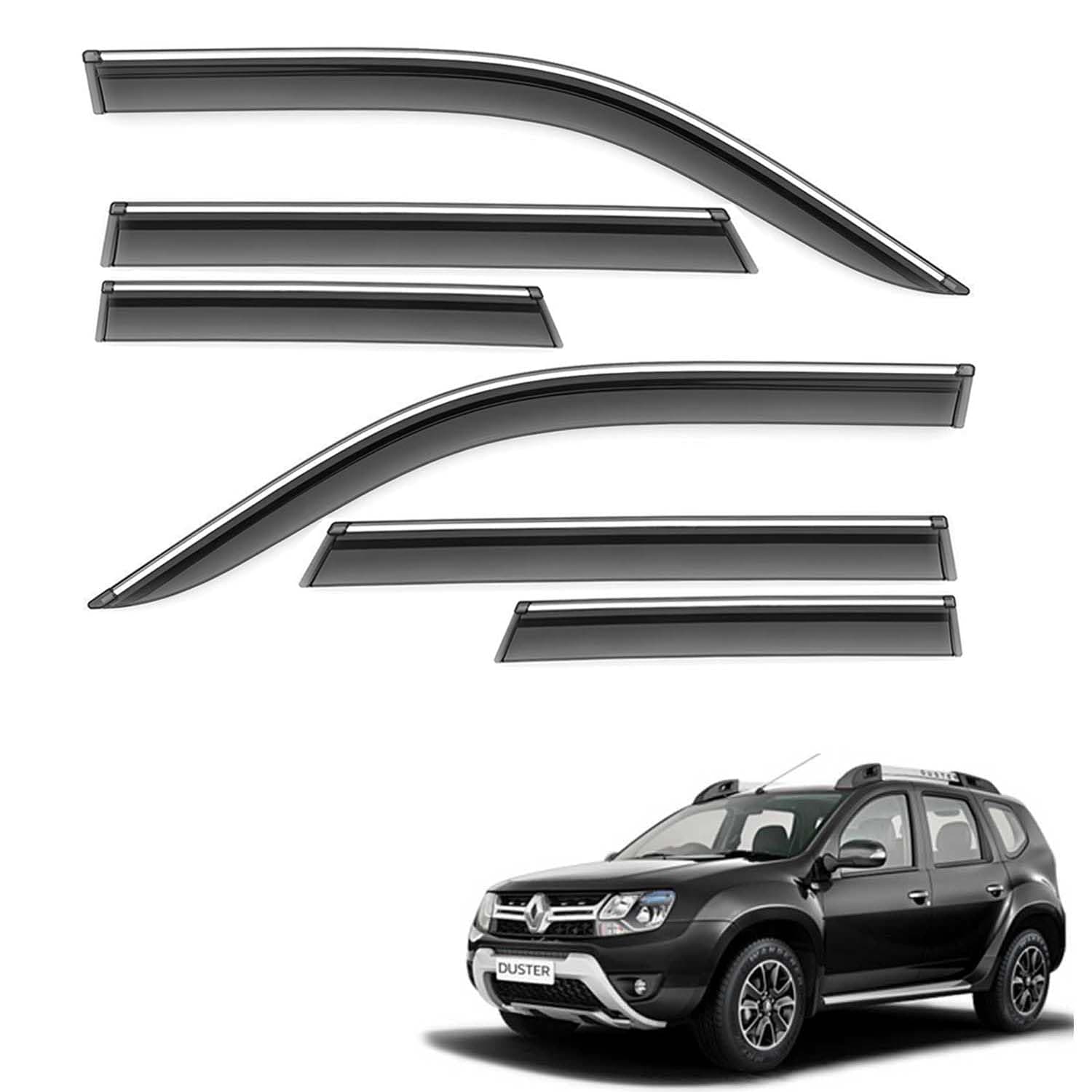 Car Compatible Wind Deflectors Rain Guard Door Visor for Renault Duster (2014 Onwards Model) - Chrome Lined, Polycarbonate, Smoke, Set of 6 Pcs