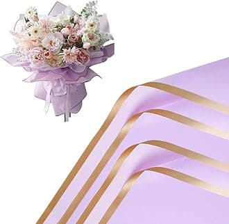 Just Flowers Waterproof Floral Wrapping Paper, Gift Wrapping Paper Roll Sheet, Florist Bouquet Supplies (Lavender with Gold Border, Pack of 10)