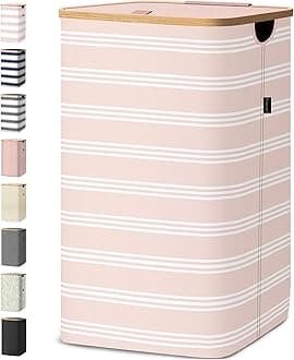 BALEINE Laundry Hamper with Lid, Tall Laundry Baskets with Bamboo Pull Handles, Large Laundry Bin with Internal Support (26 Gal/100L, Pink Pinstripe)
