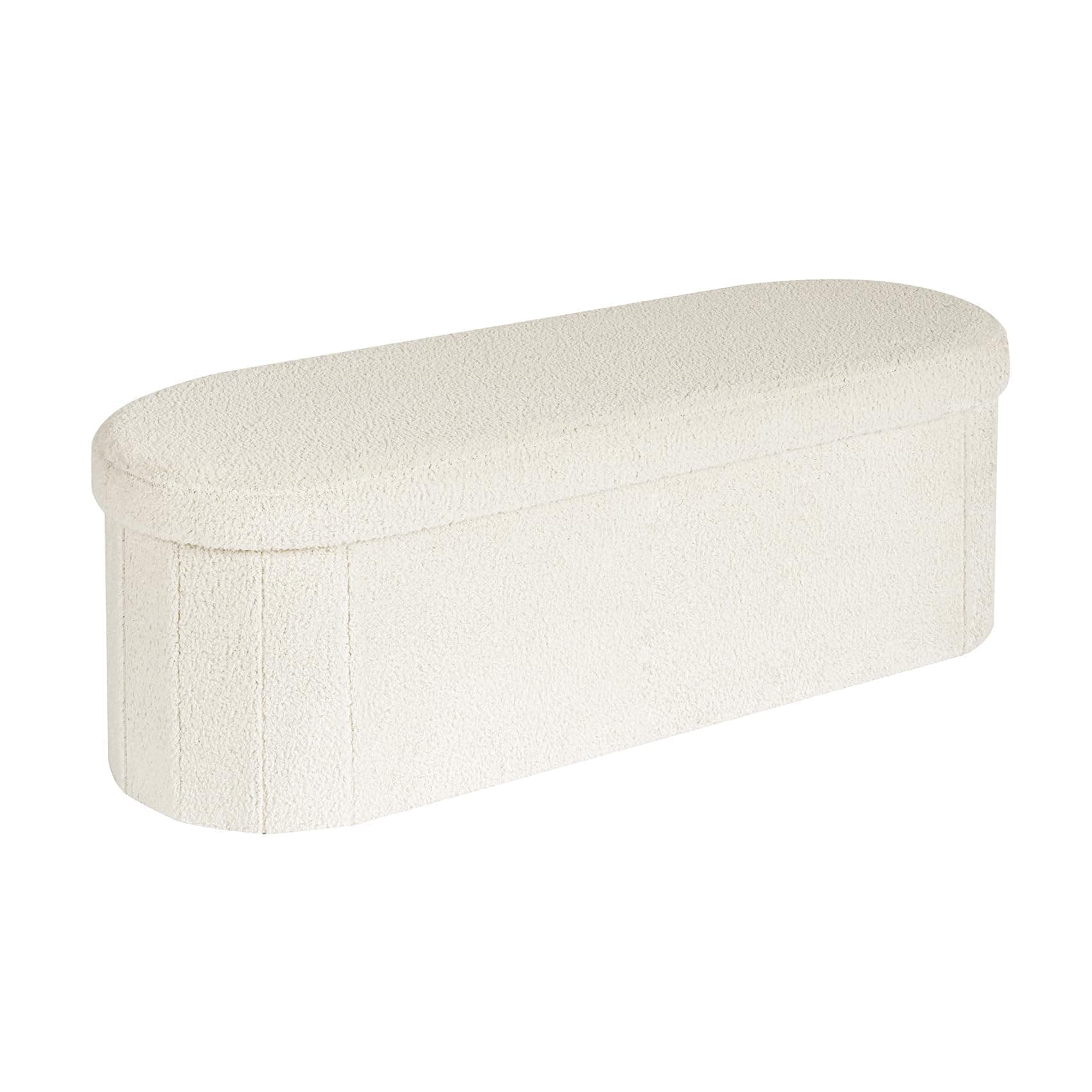 Storage Ottoman Bench Tufted Oval Ottomans Bench Foot Rest, Chest Box Velvet Bench with Storage, 43"x15"x15" (White)