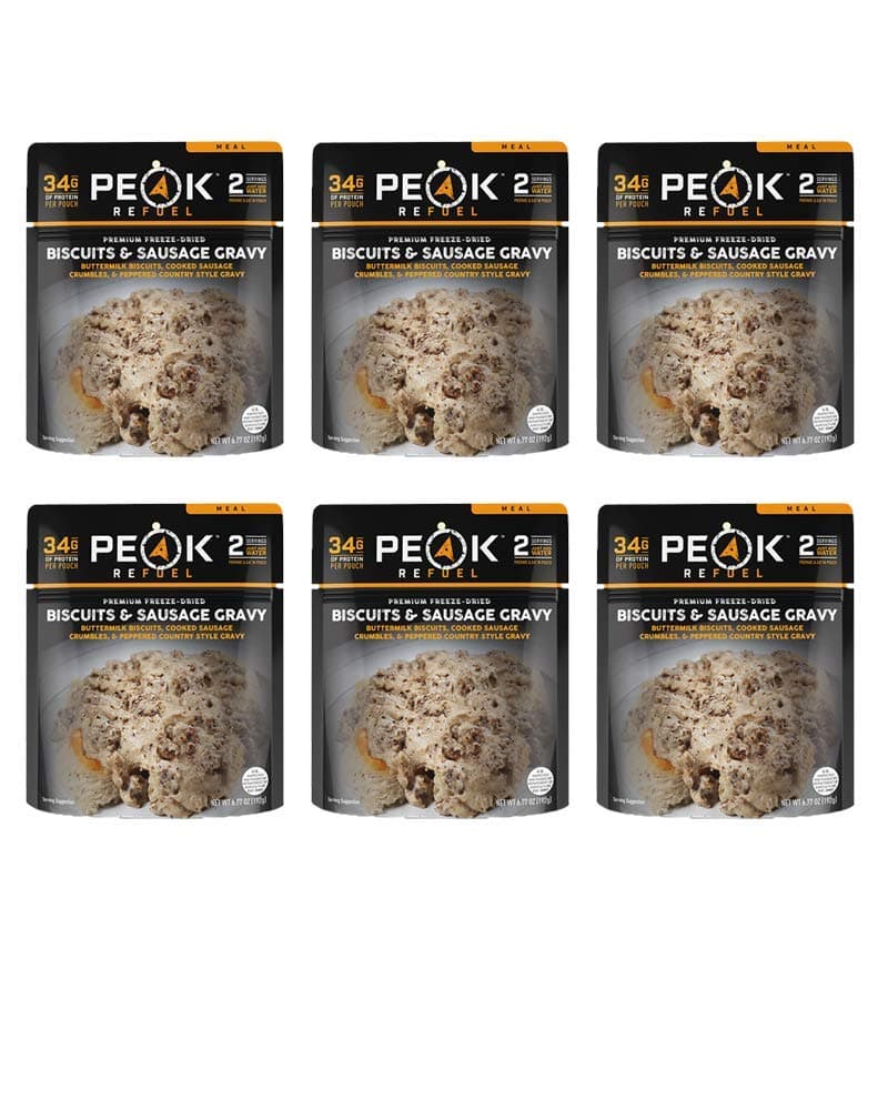 Peak Refuel Breakfast Meals | Freeze Dried Backpacking, Camping & Emergency Prep Food | 2 Servings Pouches (6-Pack, Biscuits & Gravy)