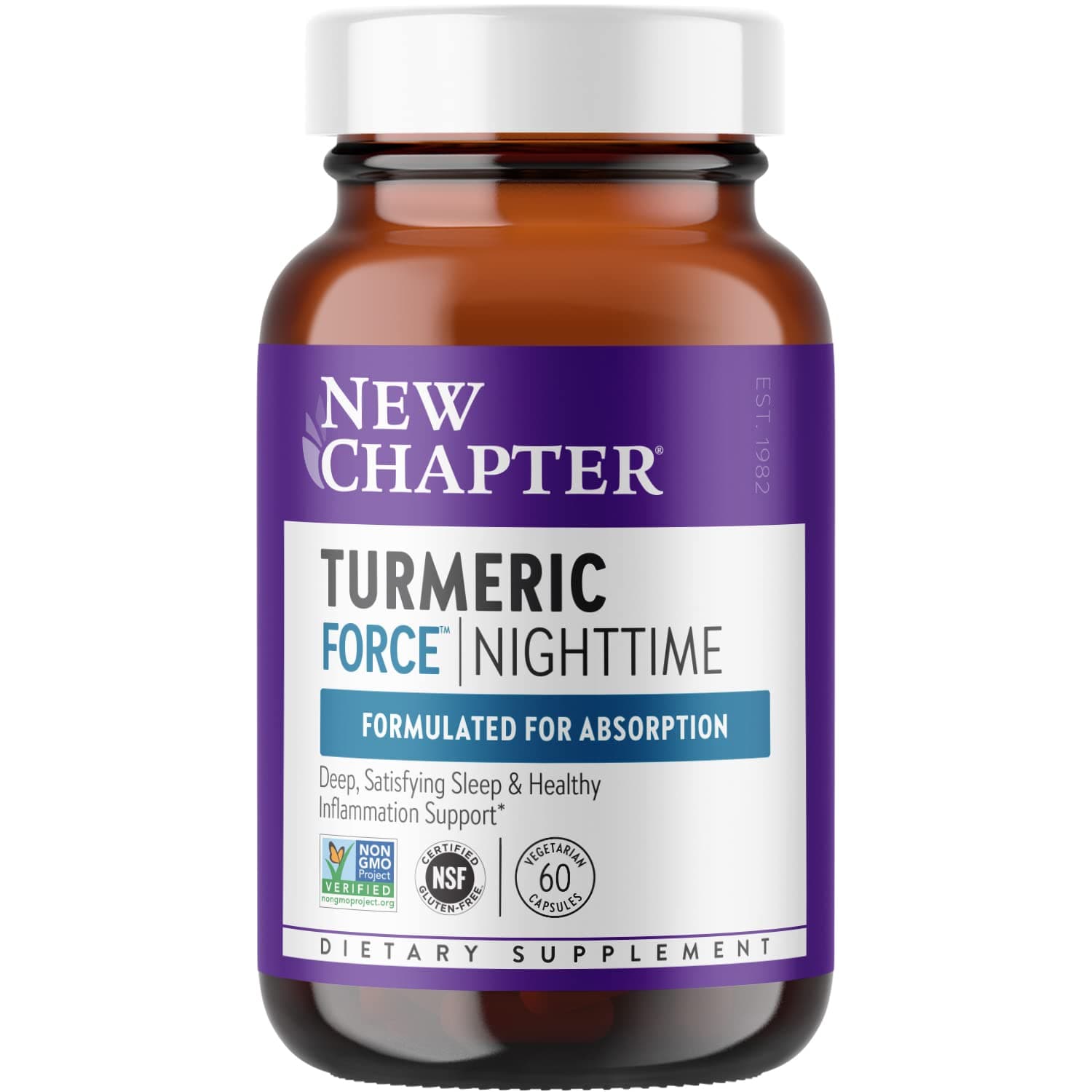 Turmeric Supplement + Sleep Aid - Turmeric Force Nighttime for Sleep Support with Valerian Root + Ginger + NO Black Pepper Needed + Non-GMO Ingredients - 60 Vegetarian Capsule