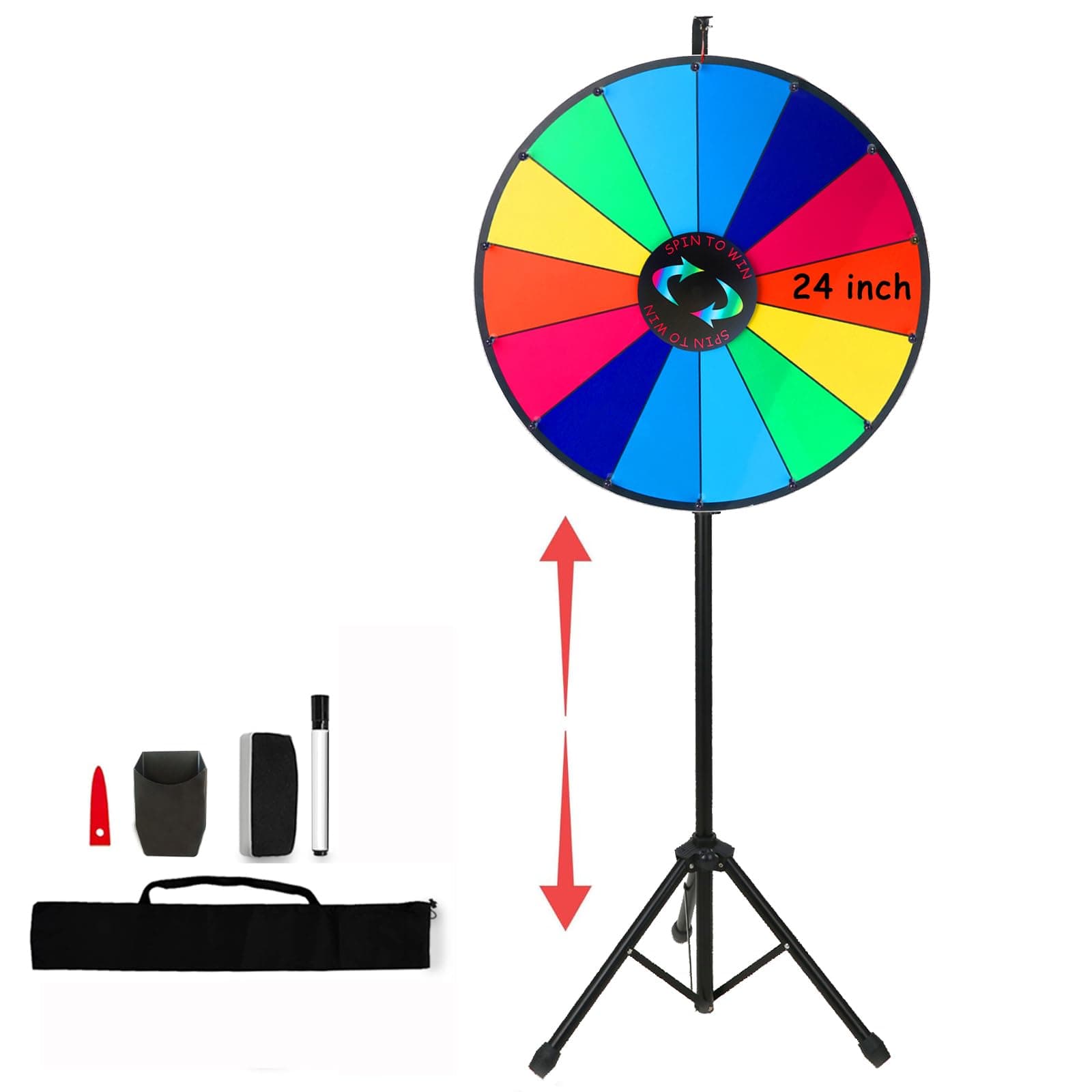 - 24 Inch Spinning Prize Wheel with Folding Tripod Floor Stand, 14 Slots Color Dry Erase Spin Wheel Spinner 44”-60” Height Adjustable with Dry Eraser & Marker for Game Carnival Trade Show