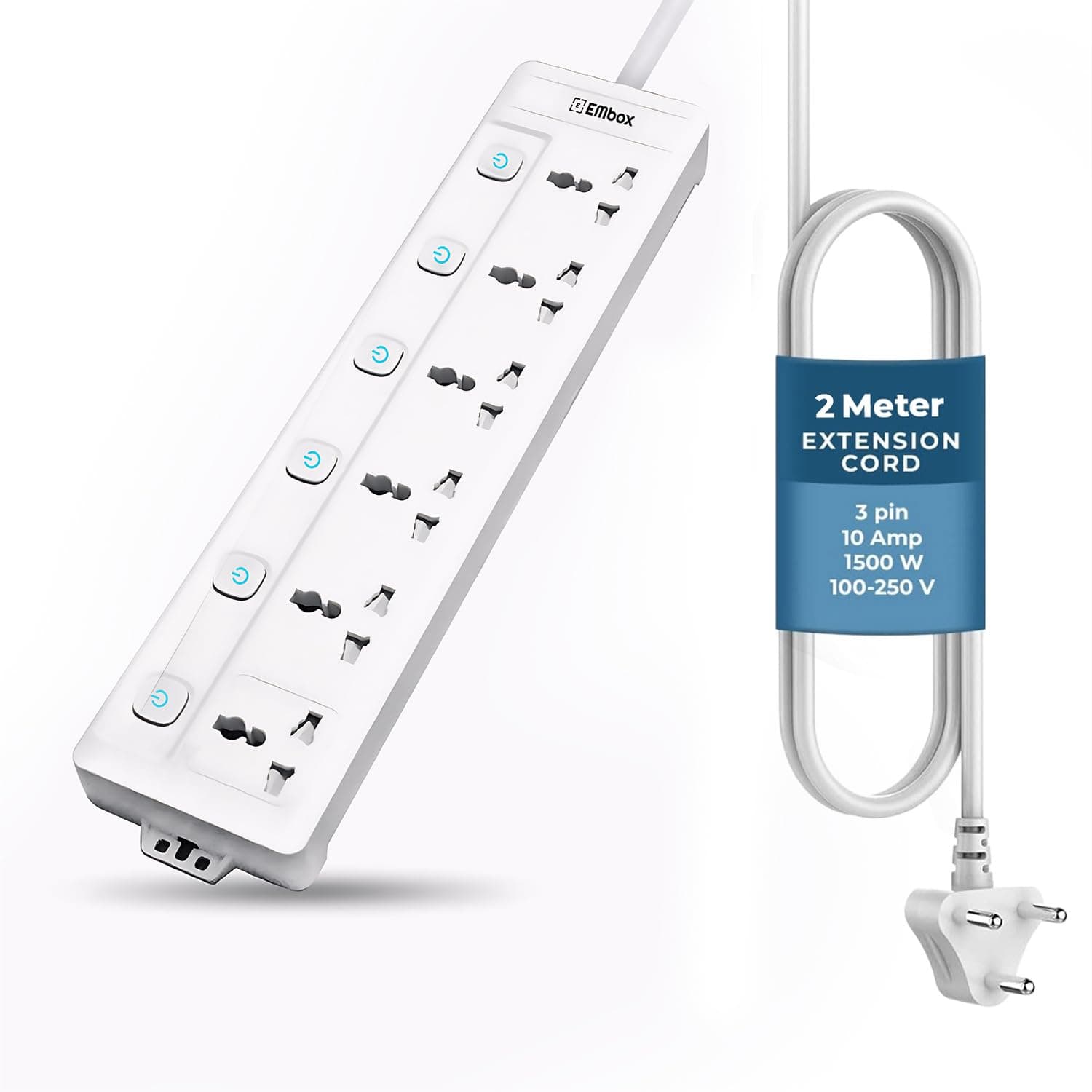 EMBOX Extension Board with Switches 1500 W, 6 Universal Sockets, Individual Switch, Safety Shutter, 6 amp Spike Guard, LED Indicator, 2 Meter Extension Cord