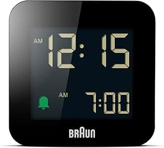 Digital Travel Alarm Clock with Snooze, Compact Size, Negative LCD Display, Quick Set, Crescendo Beep Alarm in Black, model BC08B.