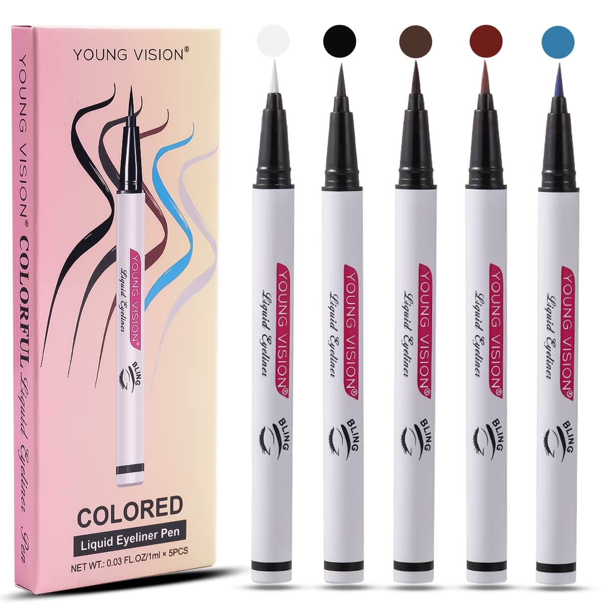 YOUNG VISION Liquid Eyeliner Pens 5pcs Set, Black/White/Brown/Red/Blue, 5 Nude&Matte Colors Eye Liners Set for Women, Smudge Proof Colored Waterline Eyeliner