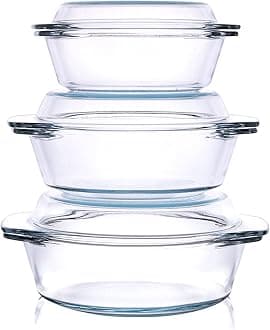 Set of 6 Pieces Round Tempered Glass Casserole Dish with Lids, Glass Casserole Baking Dish Set for Oven, Freezer and Dishwasher Safe - 0.7QT+1QT+1.5QT