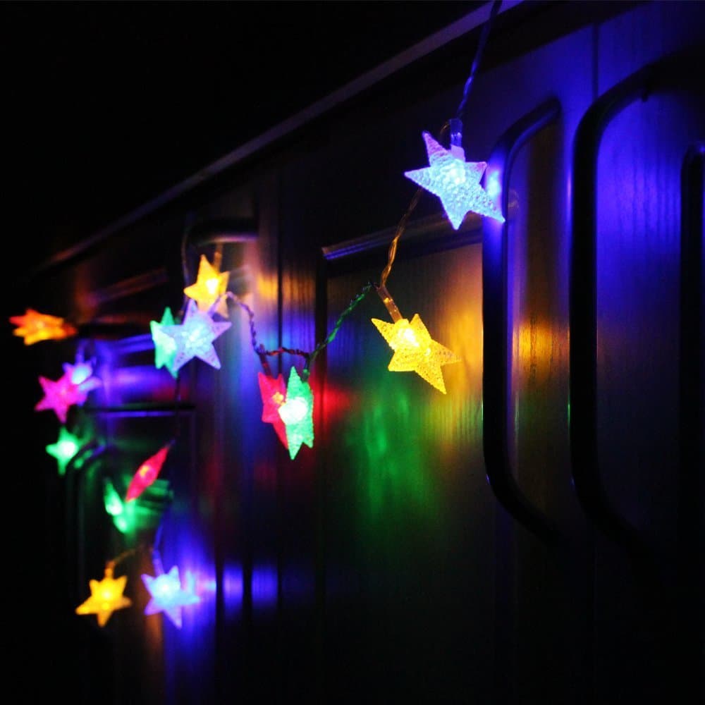 7.3ft Star Battery Operated LED Christmas String Lights - RGBY, 2 Work Modes, 20pcs Multi-Color Stars for Christmas, Holiday, Party, Event Decorative Lighting