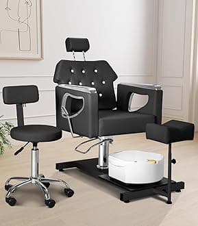 FHFO Pedicure Chair No Plumbing, 360° Swivel Hydraulic Adjustable Reclining Station with Massage Foot Bath & Footrest for Nail Tech, Spa, Salon (Black)