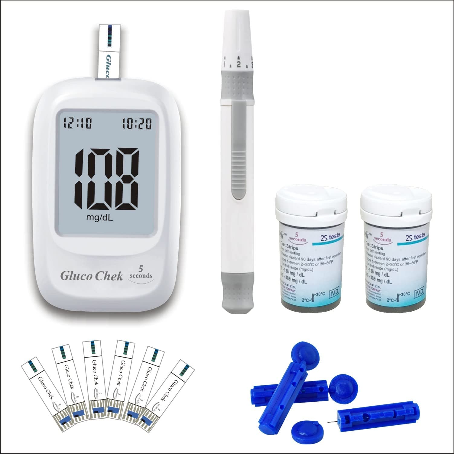 Aspen Gluco Chek 5 Seconds Glucometer Blood Glucose Sugar Testing Machine With 50 Strips (2 X Vial Of 25 Strips), 10 Lancets And A Lancing Device For Accurate Blood Sugar Testing At Home, White