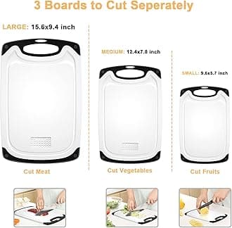 Plastic Cutting Board, 3 Pieces Dishwasher Safe Cutting Boards with Juice Grooves, Easy Grip Handle, Non-Slip, with Grinding Area for Grinding Garlic and Ginger（White）