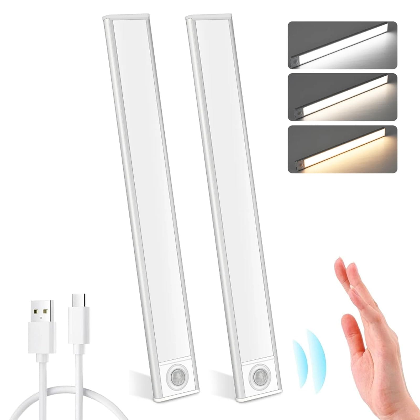 Nozibye Under Cabinet Lighting, 3 Colors Motion Sensor Light 60 LED Rechargeable Wireless Closet light 30CM, Dimmable Night Lights for Bedroom,Closet,Kitchen,Hallway, Cupboard Light (30CM, 500mAH)