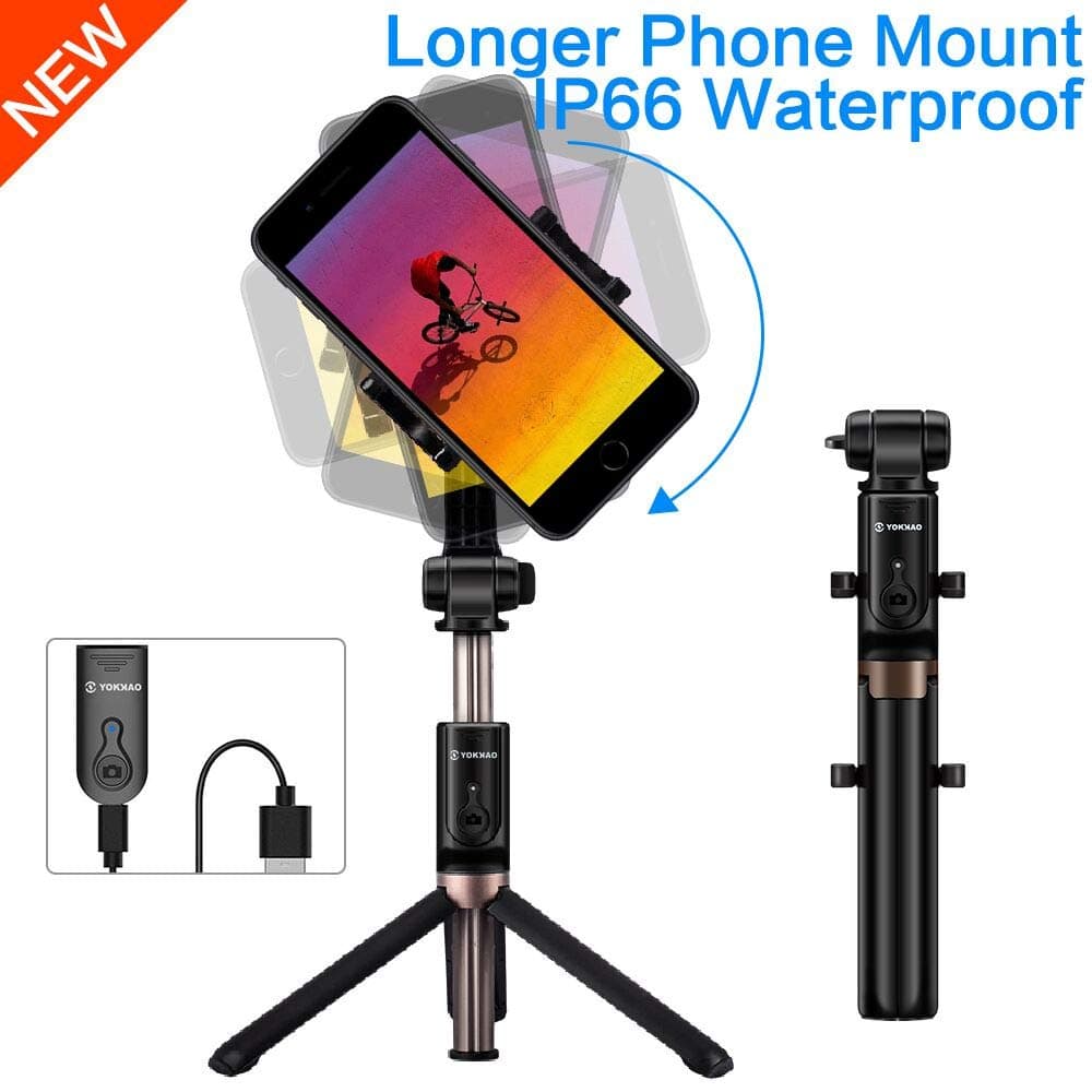 YOKKAO [Upgraded Version] Certified IP66 Waterproof Bluetooth Tripod Selfie Stick Portable Foldable Compatible with iPhone Xs MAX/XR/XS/X/8/8 Plus/Galaxy Note 9/S9/S9 Plus/Note 8/S8