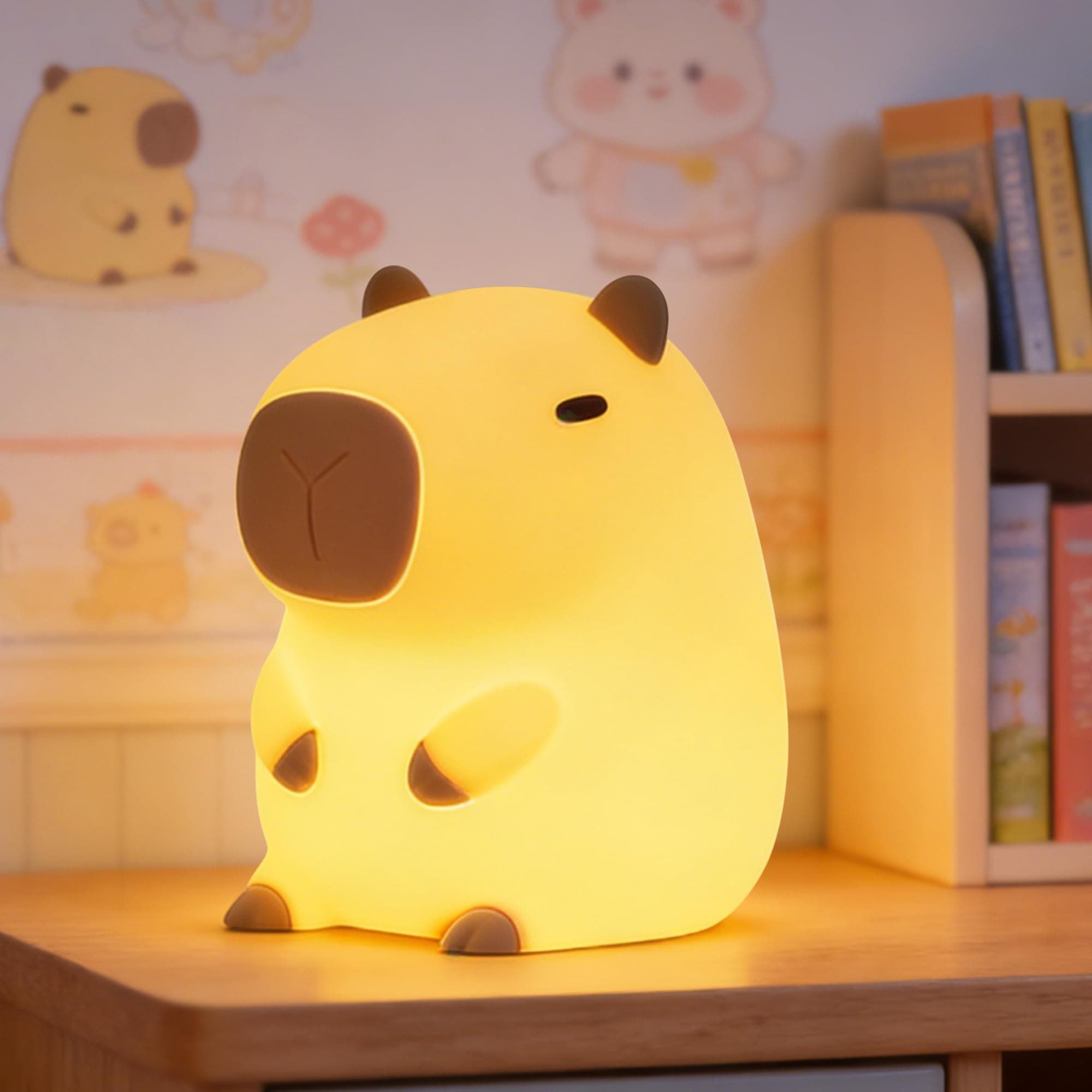 Silicone Cute Capybara Night Light,LED Squishy Novelty Animal Night Lamp,2 Levels Dimmable/Timer Nursery Nightlight for Kids,Rechargeable Touch Bedside Lamp,Bedroom/Dorm Decor,Cream & Brown