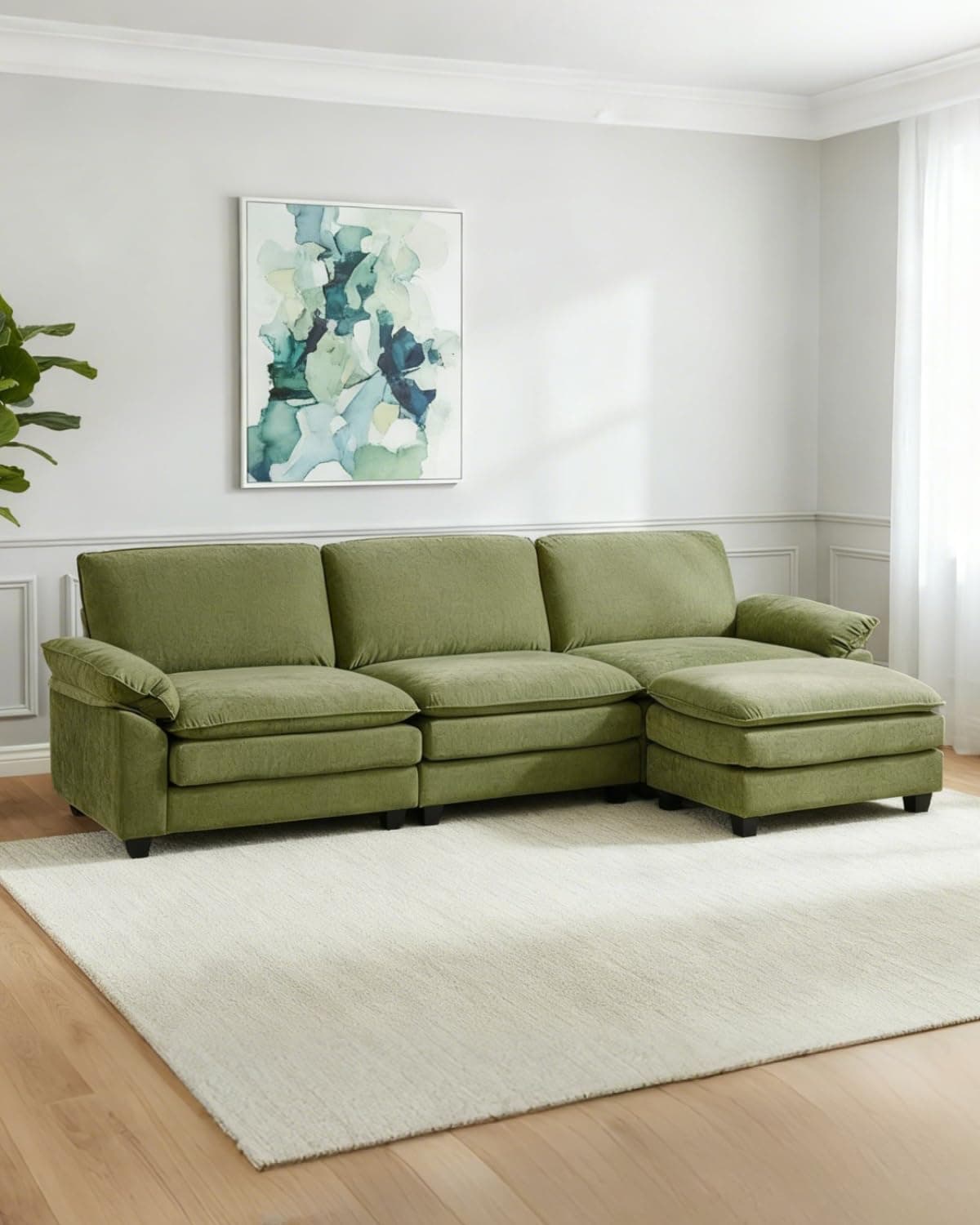 Karl home Sectional Sofa Modular Deep Seat Sofa Couch with Ottoman, Chenille Sofa Sleeper Comfy Upholstered Furniture for Living Room, Apartment, Studio, Office, (3-Seat & 1-Ottoman, Green)