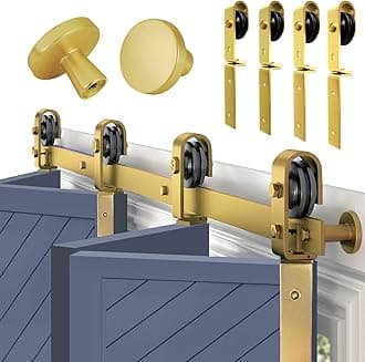 Rio Salto Gold Bifold Sliding Barn Door Hardware Kit Heavy Duty Metal Track System with Matching Knobs Gold Bi-Fold Barn Door Bifold Closet Doors, Bi-Folding 76" Track for 4 Doors, 4 Rollers, No Door