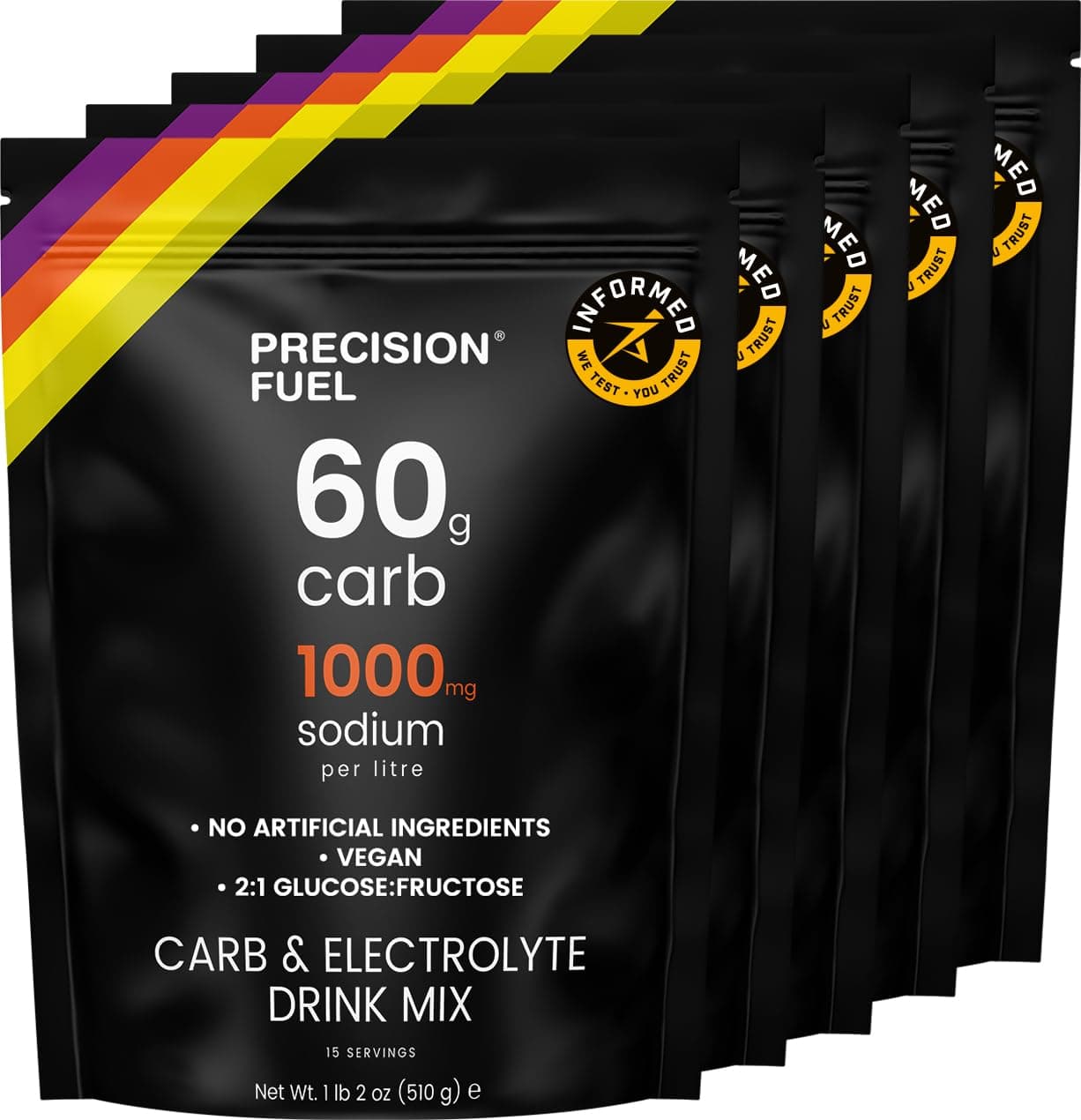Precision Fuel PF60 Carb & Electrolyte Drink Mix Powder for Hydration & Energy - Endurance Sports Nutrition, Vegan, Hypotonic - 60g Carb, 1000mg Sodium per Litre - Mild Citrus Flavor, 5-Pack
