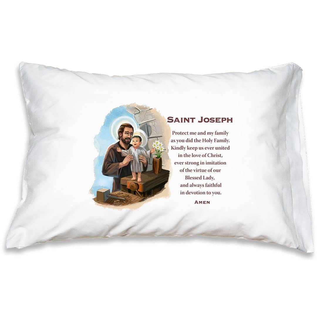 Prayer Pillowcase St. Joseph, Catholic Saints and Prayers on Pillow Cases for Holy Home Décor and Catholic Gifts.