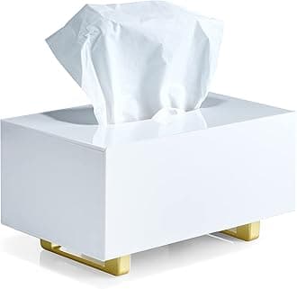YoBa Thick Acrylic Tissue Box Holder Rectangular White Tissue Box Dispenser with Gold Plated Aluminum Legs for Bathroom, Kitchen, Bedroom, Office, Hotel and Restaurant