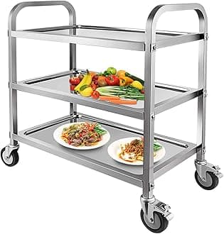 Nisorpa 3 Tier Stainless Steel Catering Trolley Wheels Utility Cart Kitchen Cart Serving Trolley with Locking Wheels for Kitchen Hotels - 750x400x835MM