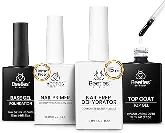 Beetles 4 Pcs 15ml Gel Top Coat and Base Coat Set with Nail Dehydrator and Primer Professional Nail Prep Acid-Free & Hema-Free Dehydrate Bond Primer Set for Acrylic & Gel Nail Polish Fall Nail Gifts