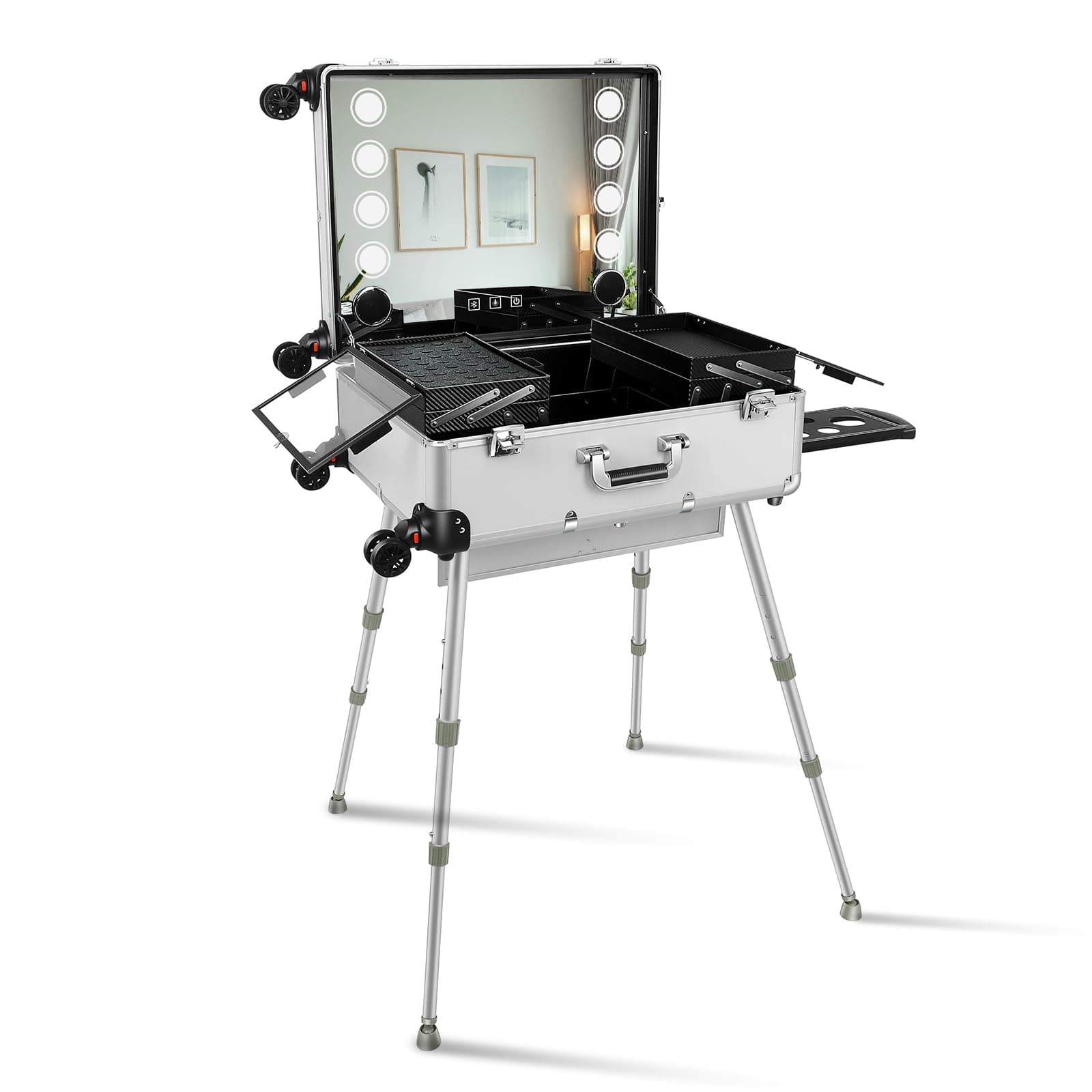 FAHKNS Aluminum Trolley Makeup Train Case 8 LED Light, Make Mirror with Lights Rolling Case, Rolling Makeup Case with Legs, Vanity Suitcase with Lights