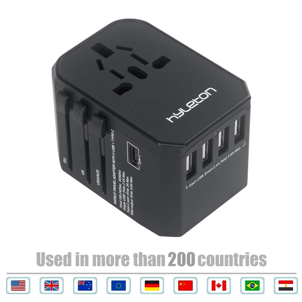 Universal Travel Adapter,4 USB Ports and 1 Type C Fast Charging International Power Adapter,Hyleton All in One Travel Plug Adapter for US, EU,UK,AU,Asia (lxc-M5)