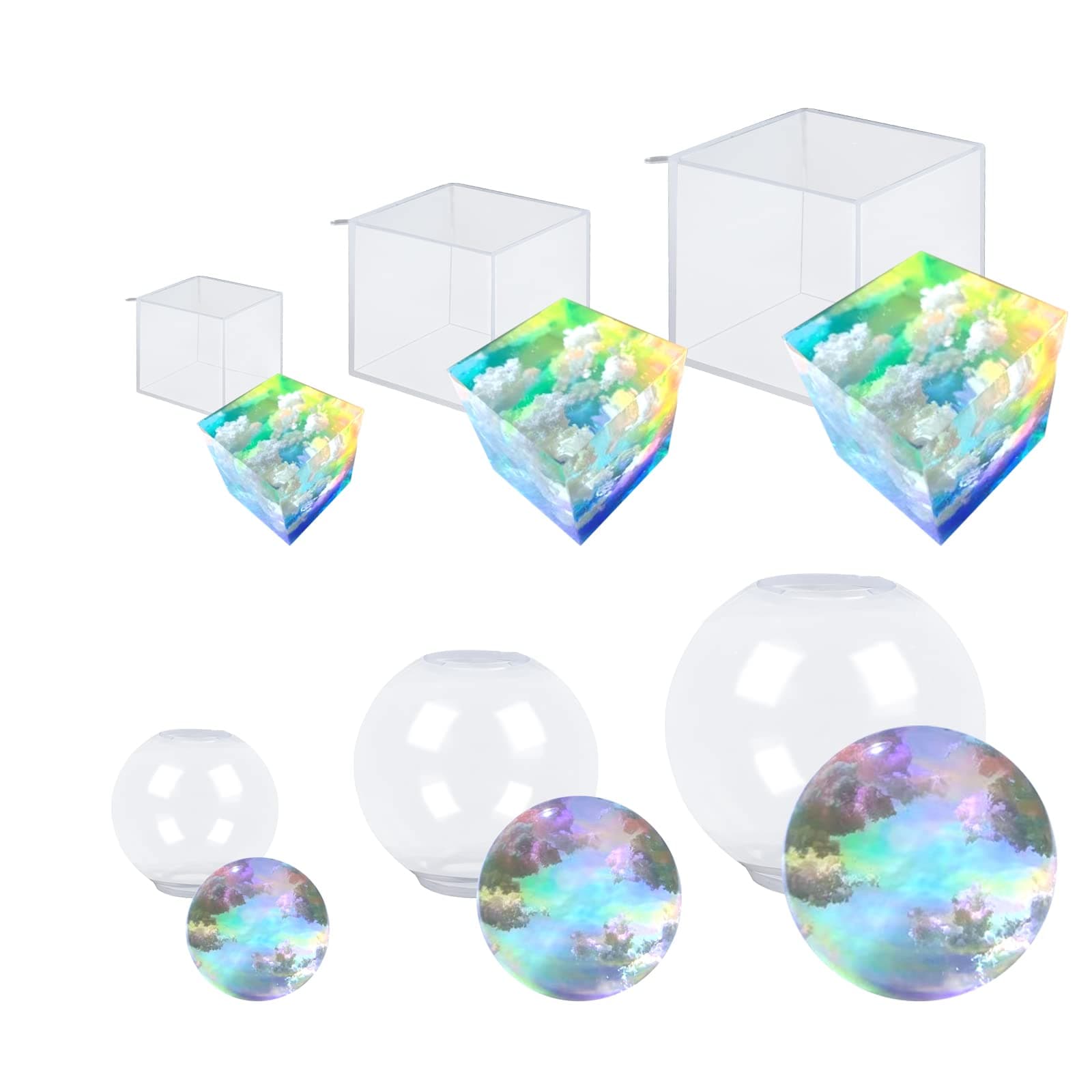AOEDEO 6 PCS Large Sphere Resin Mold Clear Silicone Cube Molds Large Deep Square Epoxy Resin Mold, Cube Resin Molds Size:1.5/ 2.5/ 3.5 inch . 3 pcs Sphere Molds: 2 /3 /4 inch