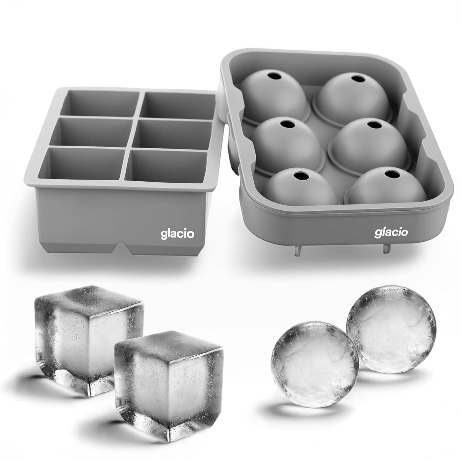 glacio Ice Cube Trays Silicone Combo Mould - Set of 2, Sphere Ice Ball Maker with Lid & Large Square Moulds, Reusable and BPA Free