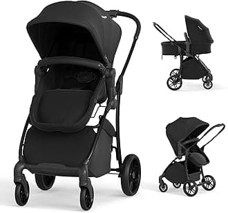 BABY JOY 2 in 1 Baby Stroller, High Landscape Convertible Bassinet Stroller with Reversible Seat, Adjustable Backrest & Canopy, Foldable Pushchair Pram Stroller for Newborn Toddler 0-36 Months (Black)
