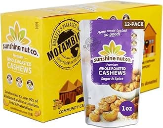 Whole Roasted Lightly Salted Cashews, Sugar and Spice Flavor, 12-Pack, 1.05 oz. Each, Gluten Free, Peanut Free and Vegan Individual Snack Packs for Kids and Adults, GMO Free