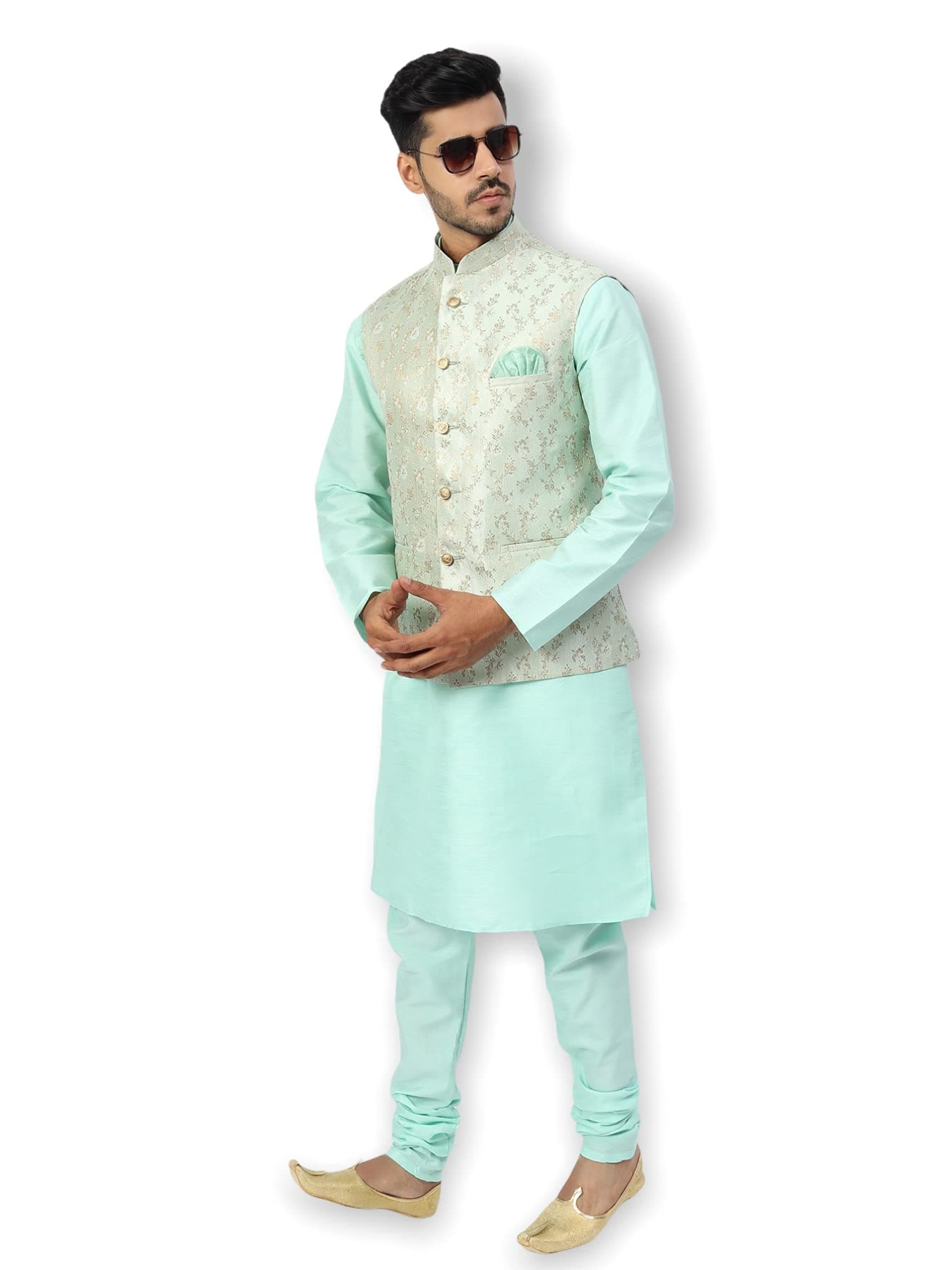 Uri and MacKenzie Men's Silk Blend Regular Kurta Churidar Pyjama with Bundi Nehru Jacket/Waistcoat